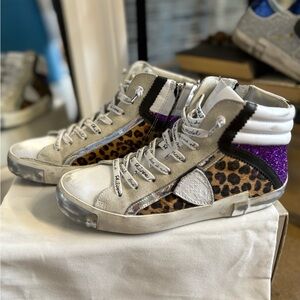 Philippe Model Leopard and Purple High-Top Sneakers